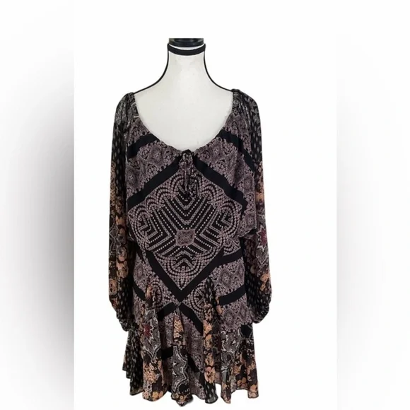 NWT Free People Seven Wonders Black and Multicolored Mini Dress Size L - Picture 4 of 12